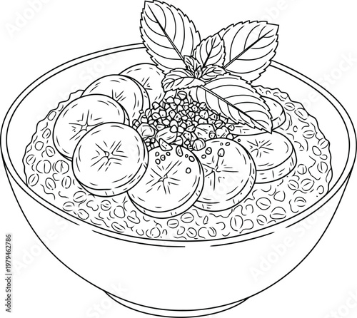 A detailed line art drawing of a bowl filled with healthy oatmeal topped with banana slices.