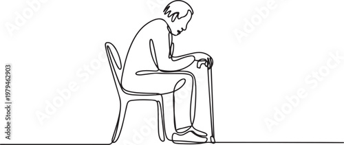 A old man sitting alone on chair in continue line style. Side view of one Senior man holding cane sitting in park. One line draw graphic design vector7