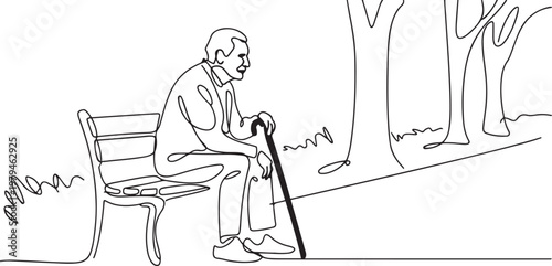 A old man sitting alone on chair in continue line style. Side view of one Senior man holding cane sitting in park. One line draw graphic design vector7
