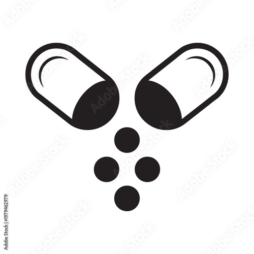 A broken capsule releases several small dark pellets or granules