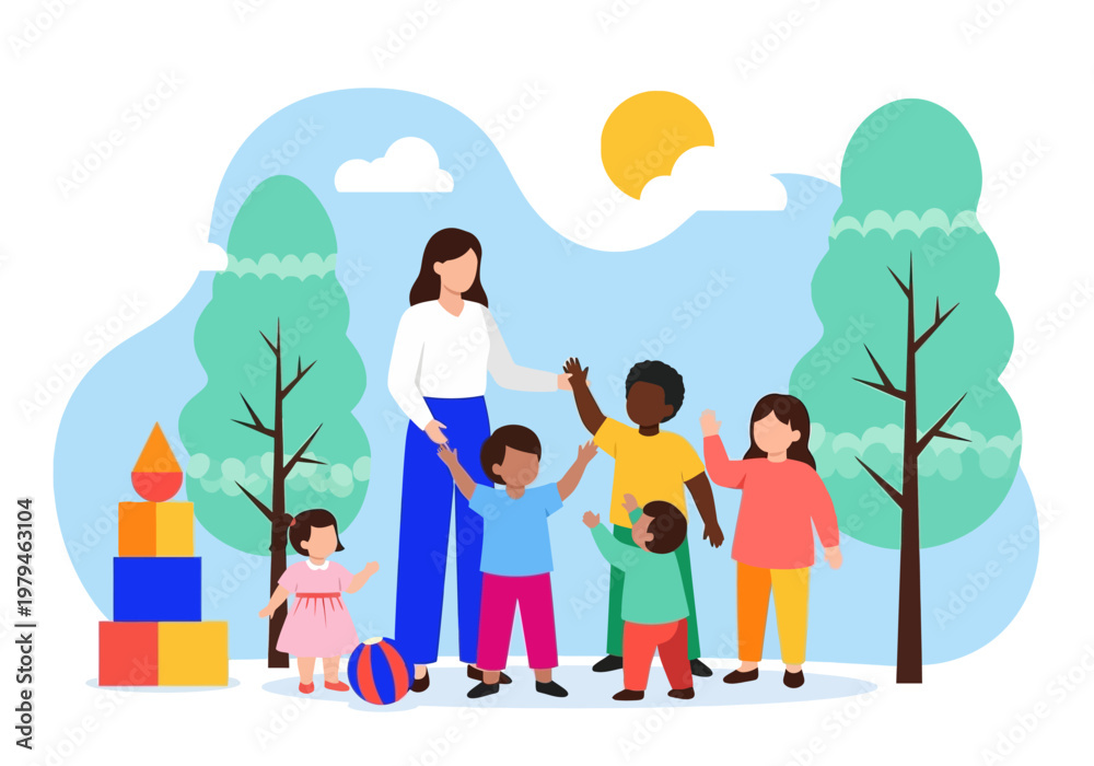 Fototapeta premium Diverse Group of Multi-ethnic Children and Female Teacher Playing Outdoors in a Park, Preschool or Kindergarten Education Concept Illustration
