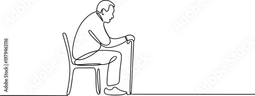 A old man sitting alone on chair in continue line style. Side view of one Senior man holding cane sitting in park. One line draw graphic design vector7