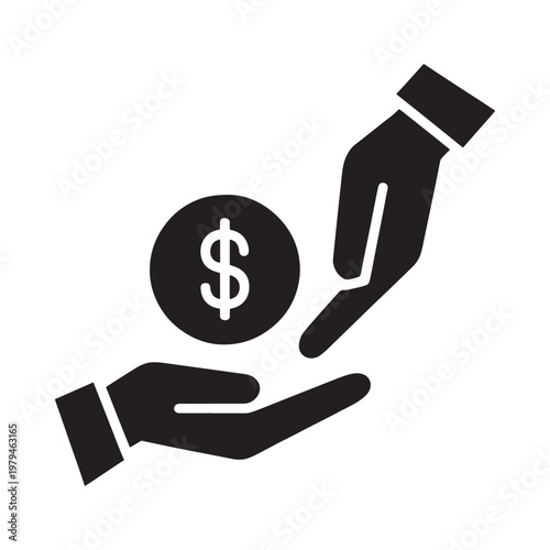 A simple black icon depicting hands receiving a coin with a dollar sign