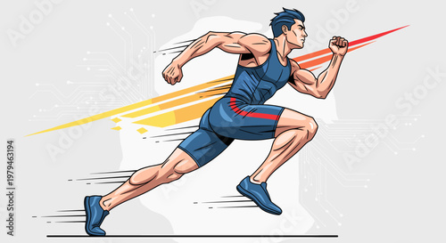 A dynamic illustration of a male athlete sprinting with speed lines and colorful streaks, depicting motion and energy.