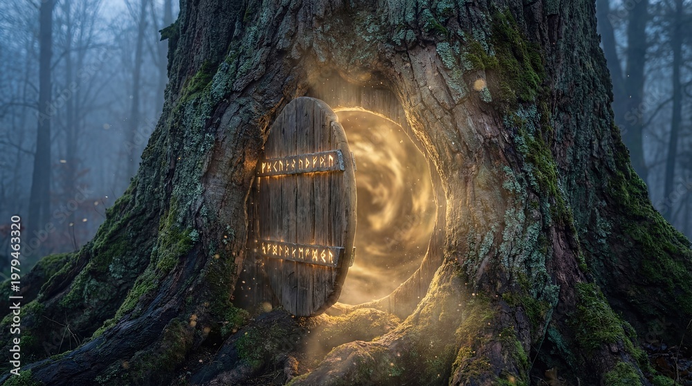 Fototapeta premium Magical Glowing Portal Door Inside an Old Tree Trunk in a Misty Forest