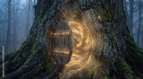 Magical Glowing Portal Door Inside an Old Tree Trunk in a Misty Forest