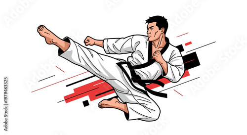 Dynamic illustration of a male martial artist in a white gi performing a powerful flying kick with abstract red and black lines in the background.