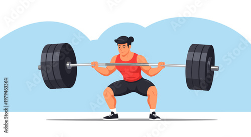 Man performing a heavy barbell squat exercise in a gym, demonstrating strength and fitness.