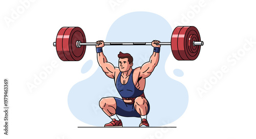 Strong male weightlifter performing an overhead squat with a heavy barbell in a gym setting, showcasing power and athletic form.