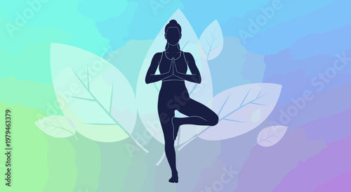A serene illustration of a person performing a yoga tree pose, silhouetted against a soft gradient background with translucent leaf motifs, symbolizing peace and wellness.