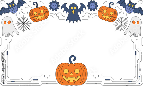 Halloween border with blue ghosts pumpkins bats decorative elements blue ghost trick or treat pixel art digital art video game halloween illustration celebration background empty space
