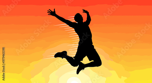 Silhouette of a joyful person jumping high with arms raised against a vibrant orange and yellow gradient sunset sky, radiating happiness and freedom.