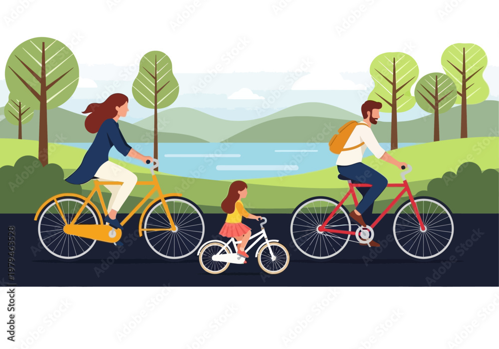 Fototapeta premium Family Cycling Together in Public Park Near Lake Flat Vector Illustration of Parents and Daughter Riding Bicycles Outdoors for Healthy Lifestyle Concept