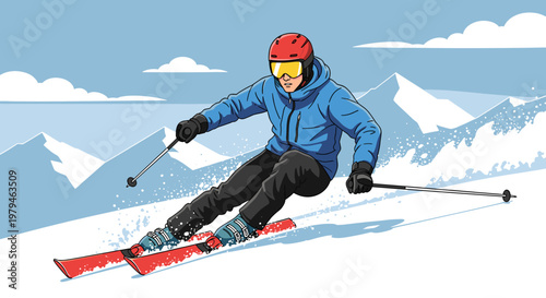 A skier in a blue jacket and red helmet carves down a snowy mountain slope, kicking up powder with their skis.