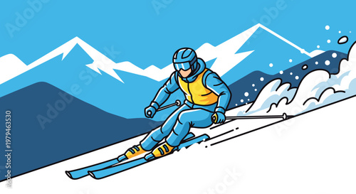 A skier in a blue and yellow suit gracefully navigates a snowy slope, kicking up powder as they descend.