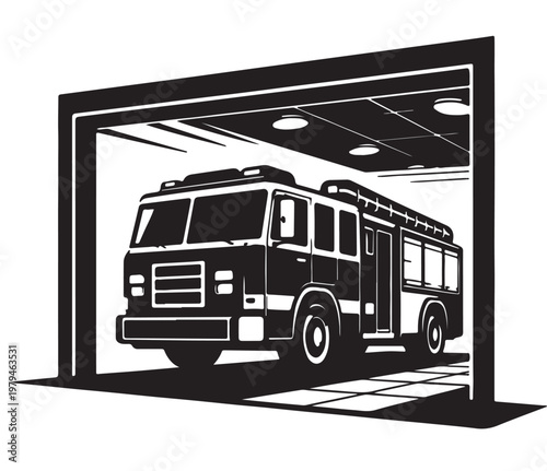 Fire Truck Silhouette Vector, Fire Engine Emergency Vehicle, Black and White Rescue Illustration