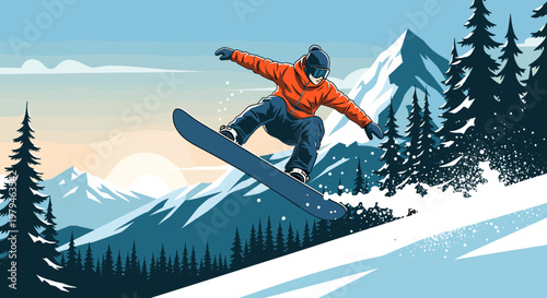 A snowboarder in mid-air performs a trick on a snowy mountain slope surrounded by pine trees and majestic peaks under a clear sky.