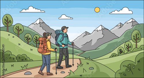 Two hikers with backpacks and trekking poles walk along a scenic mountain trail on a sunny day.