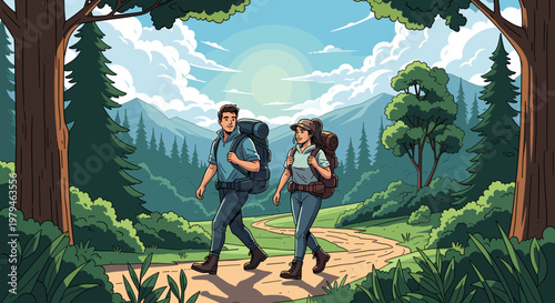 A couple enjoys a scenic hike through a lush green forest with mountains in the background under a bright, sunny sky.
