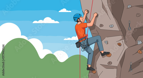 A person in a helmet and harness rock climbing up a steep cliff face with a safety rope attached.
