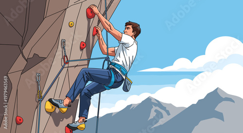 A man in jeans and a white t-shirt rock climbing on an artificial wall with mountains in the background.