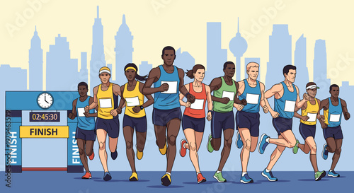 Diverse group of runners competing in a marathon race with a city skyline in the background and a finish line arch.