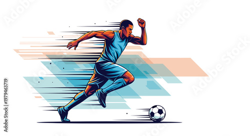Dynamic illustration of a soccer player in motion, dribbling a ball with speed lines indicating rapid movement across a white background.