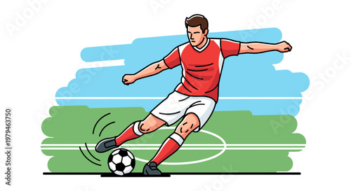 A male soccer player in a red jersey and white shorts kicks a soccer ball on a green field with white lines, under a blue sky with clouds.