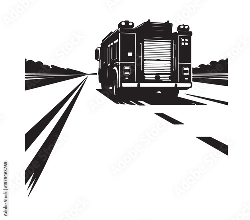 Fire Truck Silhouette Vector, Fire Engine Emergency Vehicle, Black and White Rescue Illustration