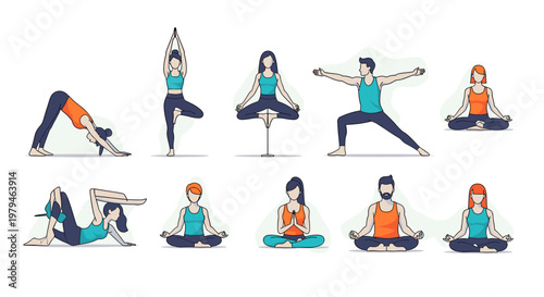 A diverse group of men and women performing various yoga poses, illustrating flexibility, balance, and mindfulness in a clean, white background setting.