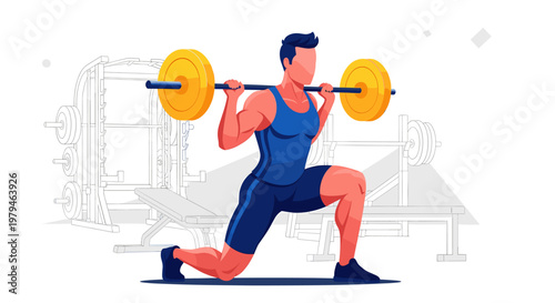 A man performing a barbell lunge exercise in a gym, focusing on leg strength and balance.