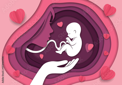 Conceptual Papercut Illustration of Fetus in the Womb with Mother's Profile and Pink Hearts, Symbolizing Pregnancy, Maternity, and Motherly Love