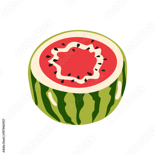 Vector illustration of a watermelon half. Hand drawn summer fruit icon with red pulp and green striped rind