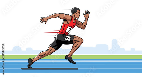 An athletic man in a red singlet and black shorts is sprinting on a blue track with a city skyline in the background.