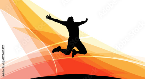 Silhouette of a person jumping for joy against a vibrant abstract background of orange and yellow waves.
