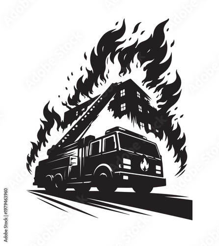 Fire Truck Silhouette Vector, Fire Engine Emergency Vehicle, Black and White Rescue Illustration