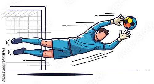 A dynamic illustration of a soccer goalkeeper diving to make a save, capturing the intensity and action of the sport.