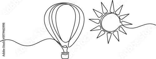 Air balloon with sun. Symbol of happiness, travel and relaxation. One line draw graphic design vector