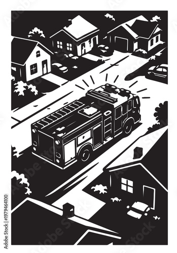 Fire Truck Silhouette Vector, Fire Engine Emergency Vehicle, Black and White Rescue Illustration