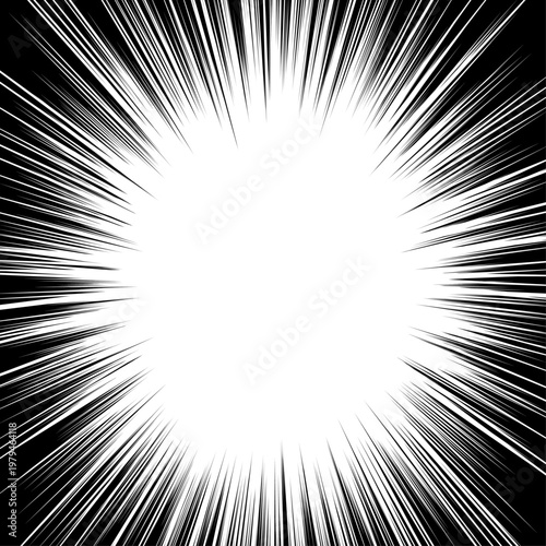 黒い背景全面に広がる白い縦長ウニフラッシュの正方形の集中線フレーム - 漫画風の爆発や光線エフェクト