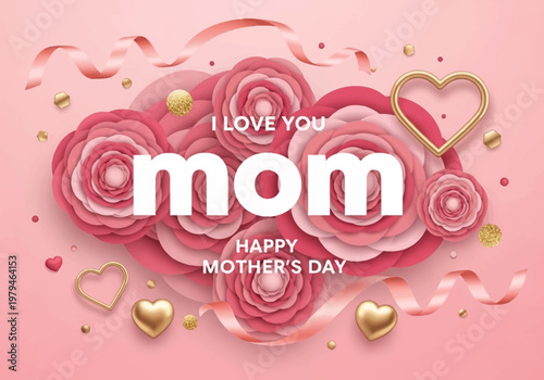 Happy Mother's Day Greeting Card Design with Pink Paper Cut Flowers, Gold Hearts, and Elegant Ribbon Elements on Pink Background