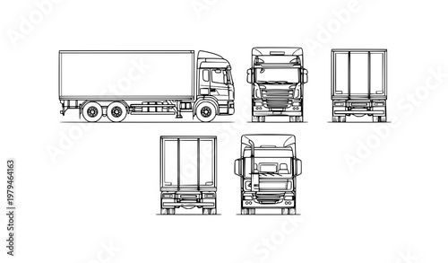 Minimal line art truck trailer vector showing side front back and top views for industrial vehicle reference