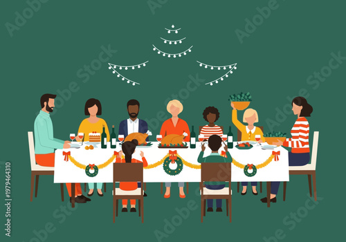 Diverse Multi-ethnic Family and Friends Celebrating Festive Christmas or Thanksgiving Dinner Together Around a Long Decorated Table - Flat Vector Illustration