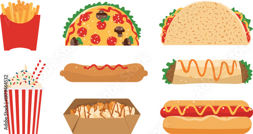 Assortment of Fast Food Items in Flat Design Style