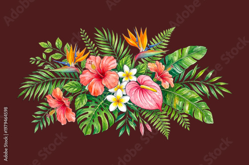 A colorful and artistic floral arrangement on a maroon background featuring tropical flowers and lush green leaves
