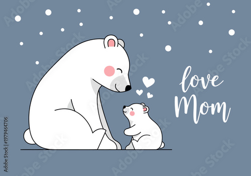 Cute Polar Bear Mother and Cub Illustration with Love Mom Text for Mother's Day Greeting Card