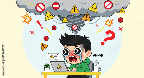 Frustrated young boy with messy hair and wide eyes sitting at a cluttered desk overwhelmed by chaos and confusion