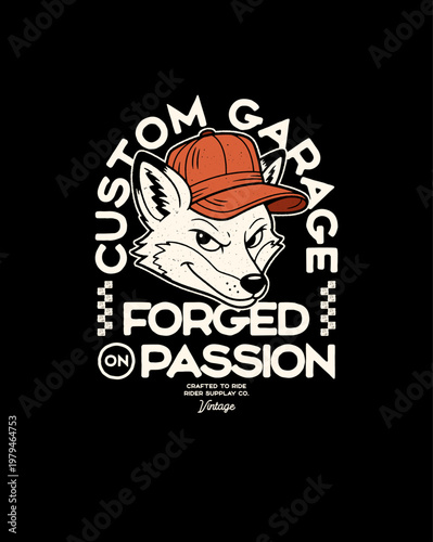 Cool fox wearing a baseball cap custom garage forged on passion.
