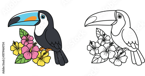 Cute Toucan Bird with Hibiscus Flowers Coloring Page and Color Illustration Set for Kids Tropical Wildlife Activity Vector Design