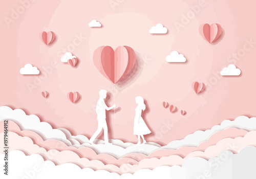 Romantic Paper Cut Style Background with Couple and Heart Balloon in Dreamy Pink Sky